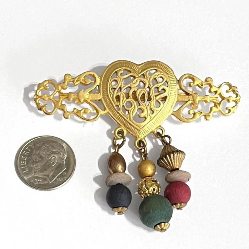 Filigree Heart Brooch Pin Victorian Style Gold Tone Dangle Beads Feminine Art
